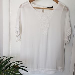 Esprit/Semi Sheer White Blouse Front Embroidery